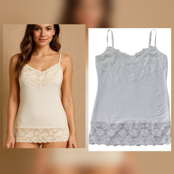 Y2K Whimsical 90s Ivory Floral Lace Coquette Dainty Long Camisole Size L - Picture 2 of 8